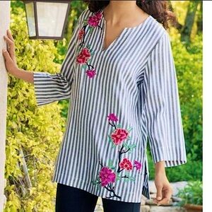 Soft Surroundings Ashbury Tunic Black White Striped Floral Embroidered Top PXS